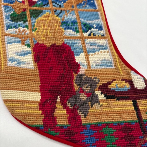 VTG Hand Made Needlepoint Christmas Stocking Child Waiting for Santa Reindeer - Picture 4 of 8